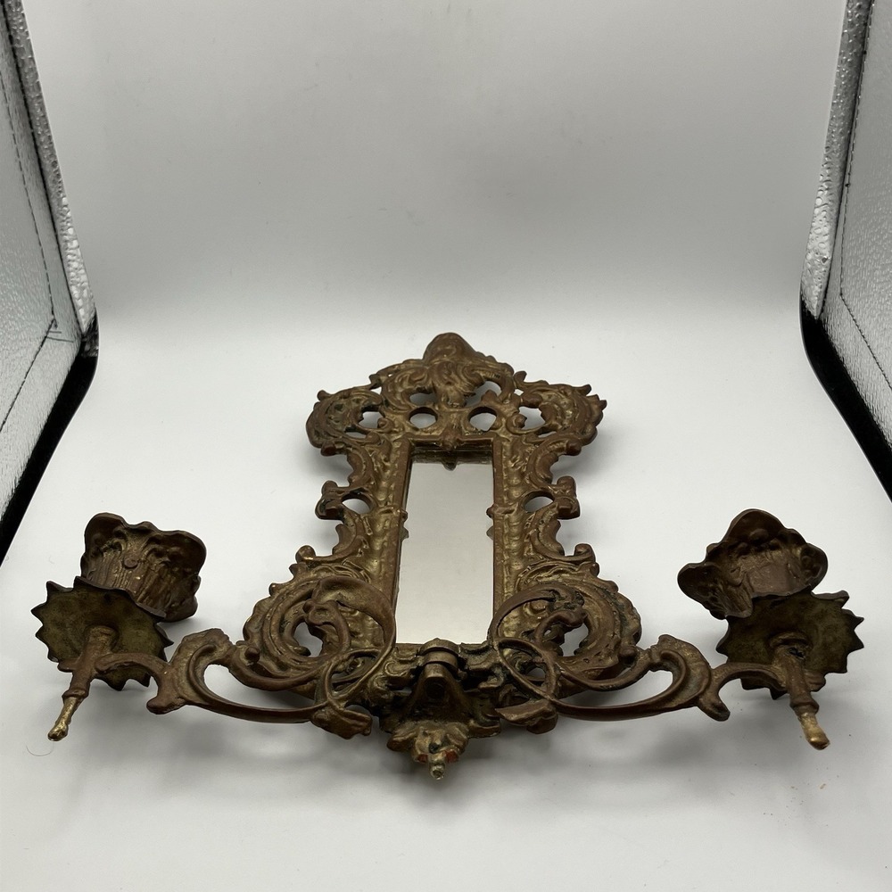 Vtg Candle Sconce / Brass With Mirror / 2 Arms / 1940s / Swedish Rococo Revival - Picture 3 of 16